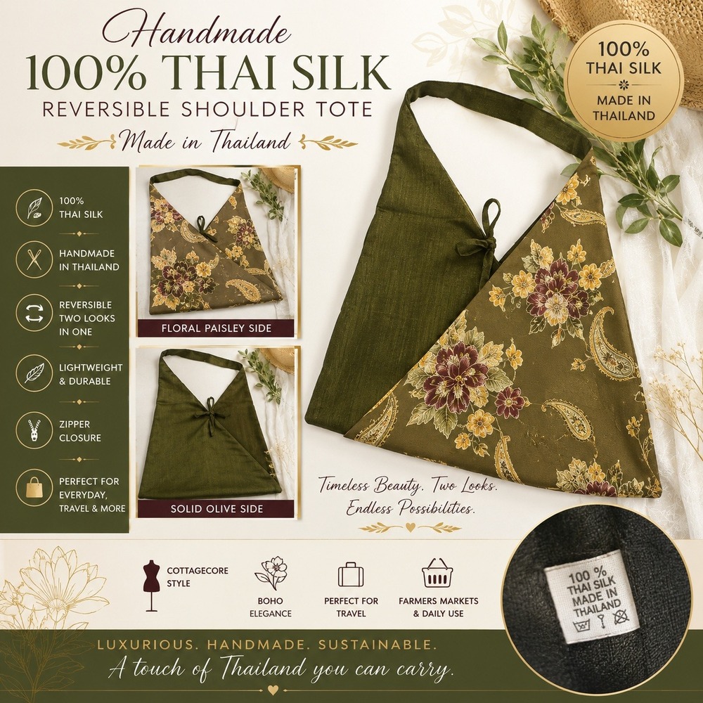 Handmade 100% Thai Silk Reversible Shoulder Tote Olive Floral Paisley Boho Bag